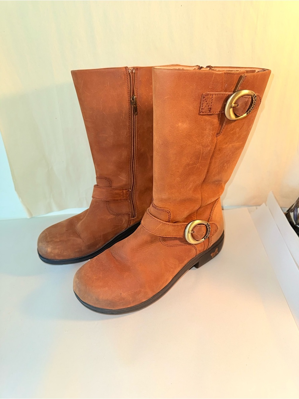 Alegria Tan Lace-Up Mid-Calf Boots with Gold Buckles